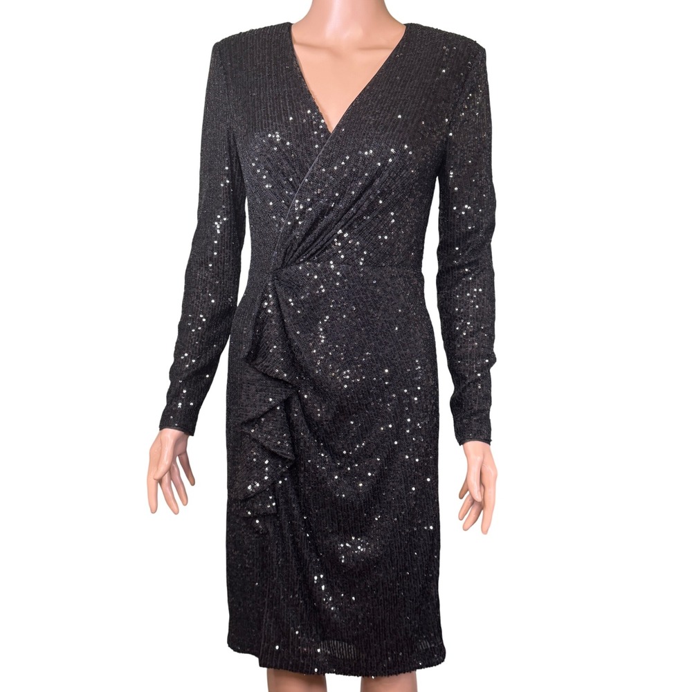 Eliza J Black Sequin Long Sleeve Ruffle Faux Wrap Sheath Dress EJ3-0474 Size 4